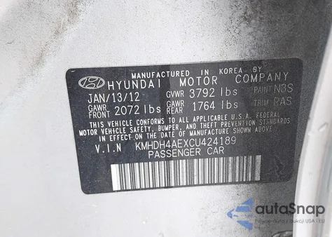 2012 Hyundai Elantra Gls/Limited z USA, uszkodzony, nr VIN KMHDH4AEXCU424189